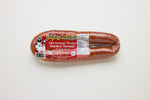 Packaged sausage with a label on a white background